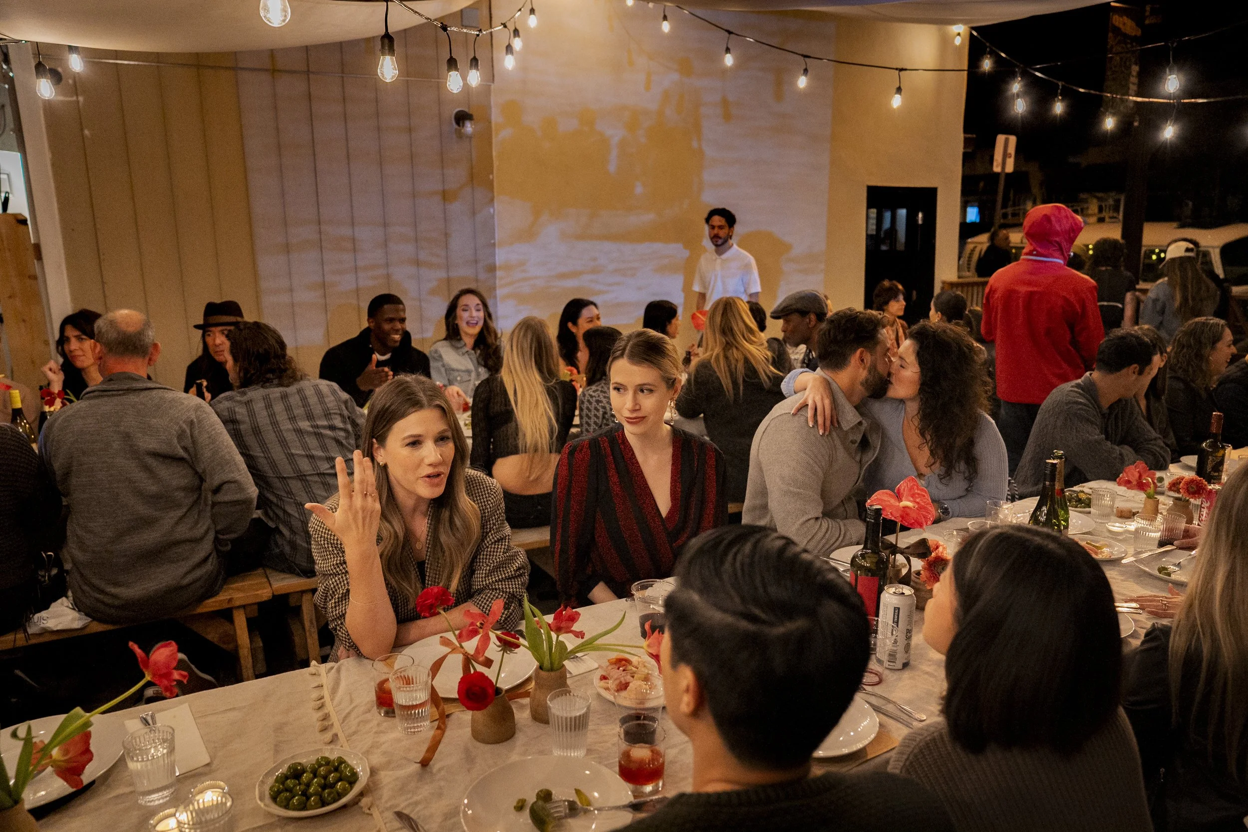 A communal dinner in full swing