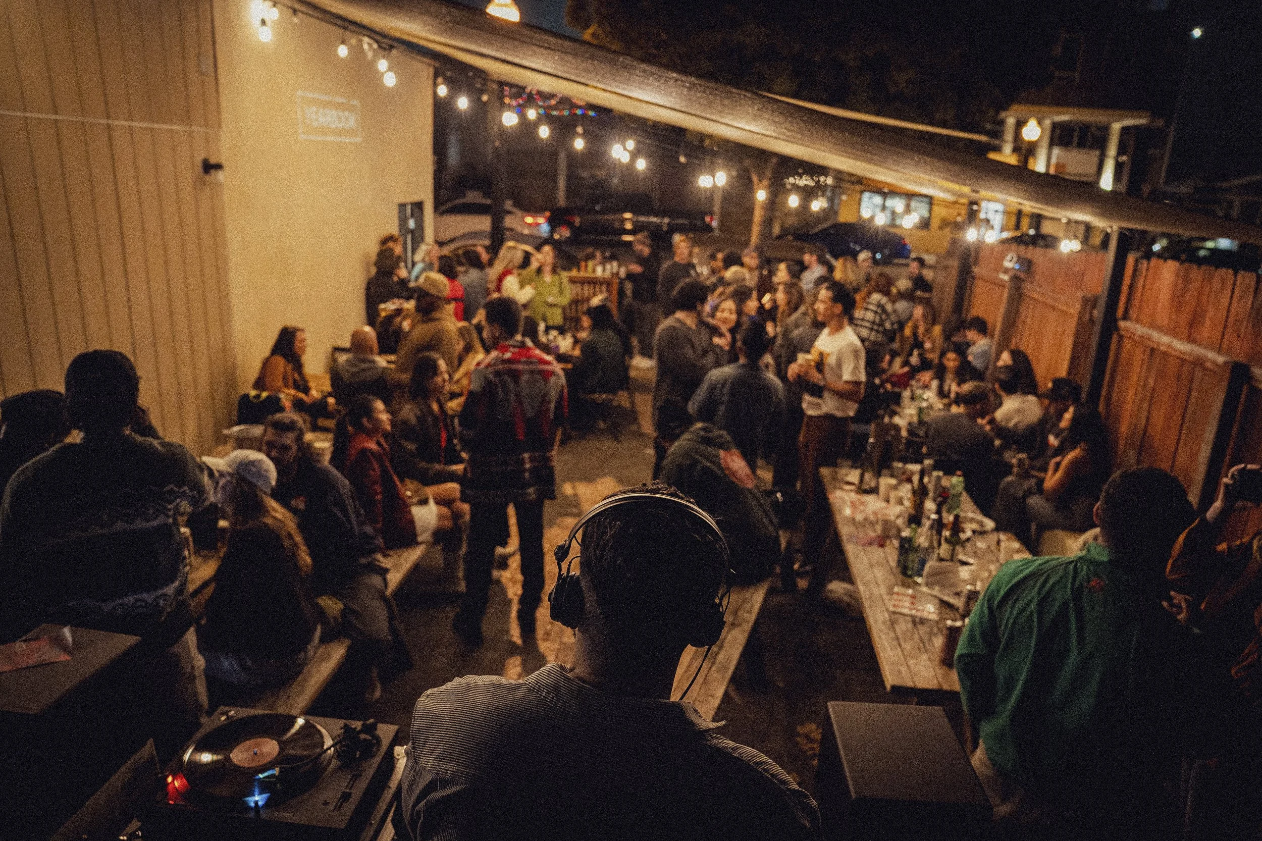 DJ set on the patio at night